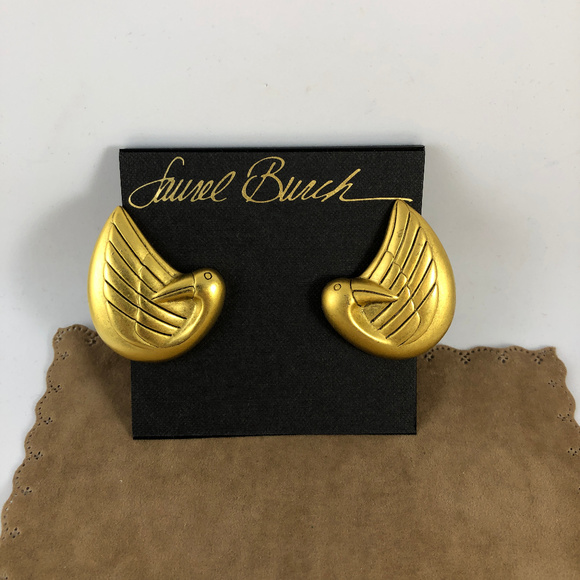 Laurel Burch Enameled Clip On Earrings Golden Swan - Picture 1 of 5